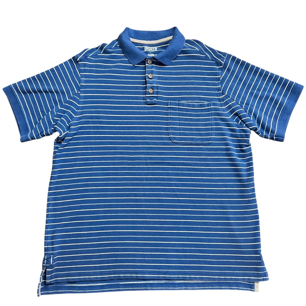 Duluth Trading Co. Mens Blue Striped Short‎ Sleeve Polo Shirt with Pocket